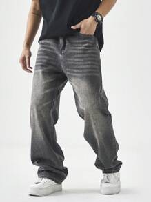 Manfinity EZcore Men's Casual Washed Loose Straight Leg Jeans - Black - View 1