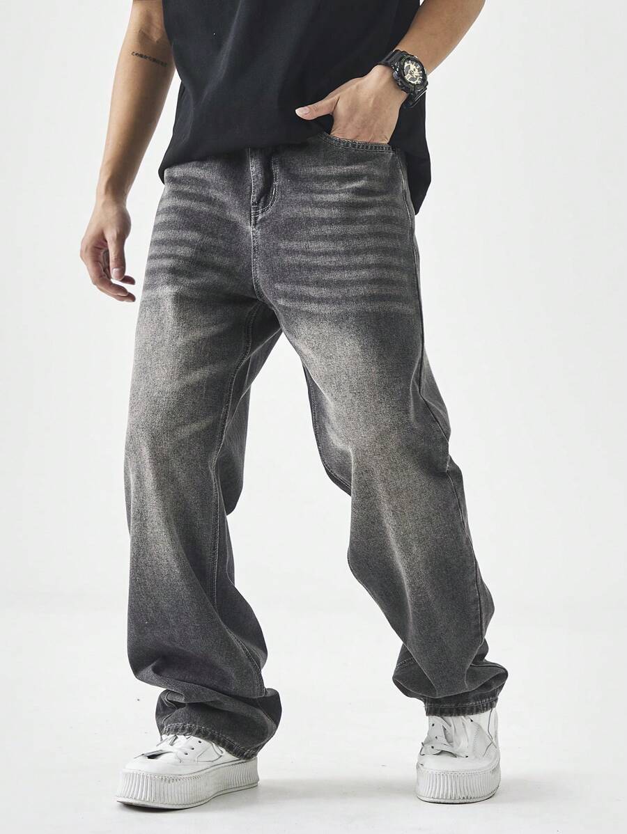 Manfinity EZcore Men's Casual Washed Loose Straight Leg Jeans - Black - View 1