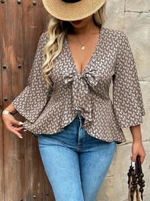 Breezaya Plus Size Women Vacation Casual Full Print Ruffle Tie Front Blouse