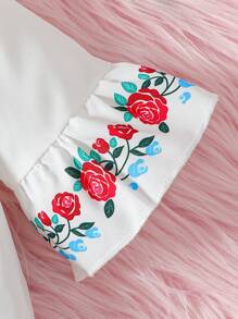 Set de 2 piezas de ropa para niñas bebé, con blusa de manga con volantes y estampado de rosas para el Ramadán, y falda casual con estampado de rosas - Blanco - Ver 4