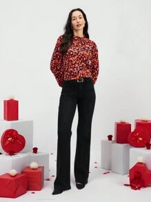 EMERY ROSE 情人节女士抽象心形印花荷叶边灯笼袖衬衫 - 彩色 - 查看 1