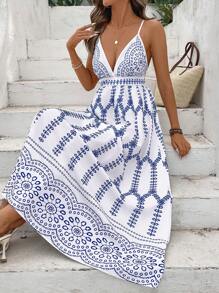 Breezaya Retro Print Plunging V-Neck Strap Vacation Dress For Women - Blue - View 3