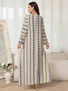 Al Najma 几何印花长袖阿拉伯休闲女式卡夫坦连衣裙，端庄大方 - 彩色 - 查看 2