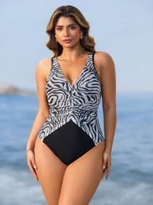 Swim Lushoire 女式简约性感豹纹 V 领镂空连体泳衣，独特面料设计