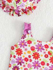 Baby Girl Floral Print Splice Bow Mesh Casual Romper One-Piece Swimsuit - Multicolor - View 4