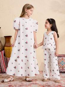 SHEIN Tween Girl Print Ruffle Sleeve Open Back Bow Design Dress, Vacation Style