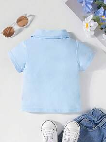 SHEIN Bébé fille Le nouveau Top à manches courtes avec revers confortable, , mignon, décontracté et facile à assortir - Bleu azur - Voir 2