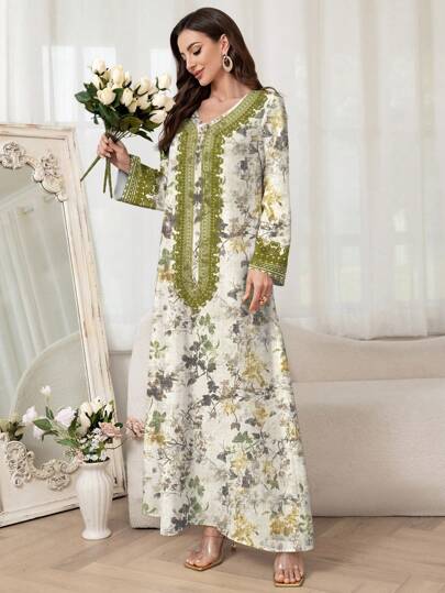 Al Najma Vestido casual árabe de manga larga con estampado floral para mujer, modesto