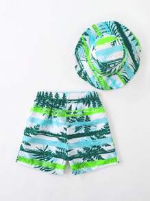小男孩可爱叶条纹沙滩短裤、遮阳帽和泳裤（随机印花） - 彩色 - 查看 2