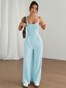 Flirla Solid Color Backless Loose Wide Leg Jumpsuit - Blue - View 4