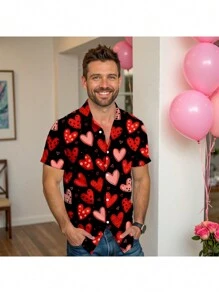 Manfinity Homme Áo sơ mi nam tay ngắn in hình trái tim cài nút phía trước - Đỏ - Xem 1