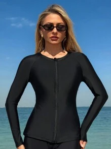 Swim Mulvari Springbreak 新款简约前拉链长袖连体泳衣，纯黑色罩衫，保守修身，东南亚女士布基尼泳衣 - 黑色 - 查看 5