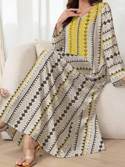 Al Najma 几何印花长袖阿拉伯休闲女式卡夫坦连衣裙，端庄大方