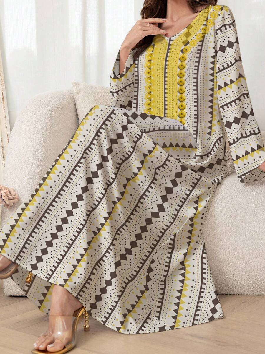 Al Najma 几何印花长袖阿拉伯休闲女式卡夫坦连衣裙，端庄大方 - 彩色 - 查看 1