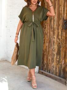 SHEIN LUNE 女式亮片花卉拼布 V 领盖袖收腰长直筒宽松休闲连衣裙，优雅百搭，适合春夏季