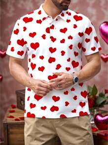 Manfinity Homme 休闲时尚心形印花全覆盖数码印花男士修身真肩短袖纽扣 Polo 衫，适合情侣搭配，是送给男朋友的理想礼物 - 白色 - 查看 1