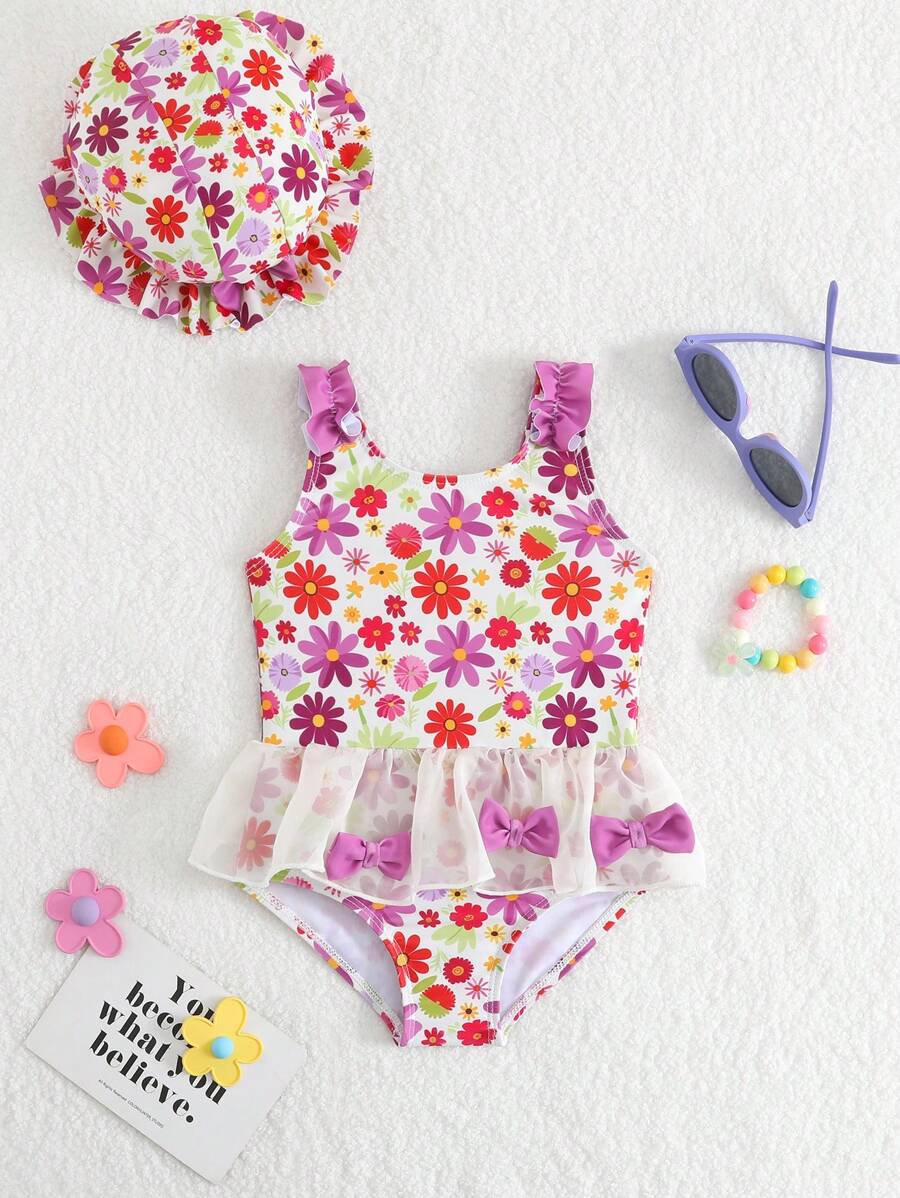 Baby Girl Floral Print Splice Bow Mesh Casual Romper One-Piece Swimsuit - Multicolor - View 1