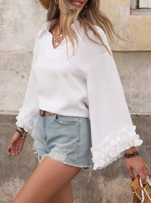 Breezaya Women's Elegant Frill Trim Dropped Shoulder Long Sleeve V-Neck Blouse, Spring/Summer