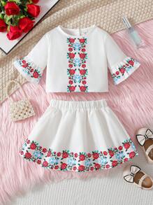 Set de 2 piezas de ropa para niñas bebé, con blusa de manga con volantes y estampado de rosas para el Ramadán, y falda casual con estampado de rosas - Blanco - Ver 9