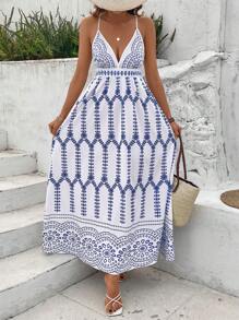 Breezaya Retro Print Plunging V-Neck Strap Vacation Dress For Women - Blue - View 6