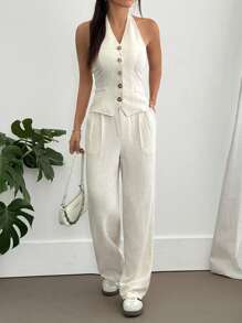 SHEIN Unity 女士两件套亚麻套装：露背纽扣前背心和阔腿裤 - 休闲夏季套装 - 杏色 - 查看 4