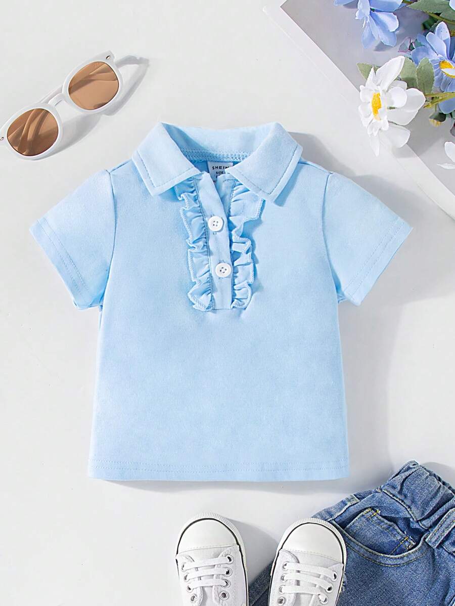 SHEIN Bébé fille Le nouveau Top à manches courtes avec revers confortable, , mignon, décontracté et facile à assortir - Bleu azur - Voir 1
