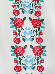 Set de 2 piezas de ropa para niñas bebé, con blusa de manga con volantes y estampado de rosas para el Ramadán, y falda casual con estampado de rosas - Blanco - Ver 6
