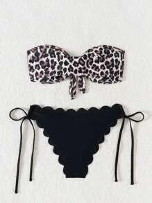 SHEIN Swim Summer Women's Leopard Spot Print Halter Top With Bow Front, Plain Color Cut Out Side Tie Bottoms, Cute & Sexy Bikini Swimwear