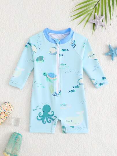 SHEIN Nyfödd/Spädbarn Baby Boy Zip-Up Solskyddande Baddräkt, Strand/Resort outfit för sommaren