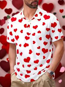Manfinity Homme 休闲时尚心形印花全覆盖数码印花男士修身真肩短袖纽扣 Polo 衫，适合情侣搭配，是送给男朋友的理想礼物 - 白色 - 查看 9