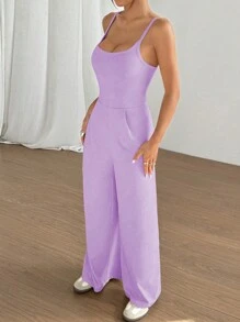 SHEIN Unity Bộ đồ liền thân hở lưng màu trơn ống rộng cho nữ, dáng rộng - Màu tím - Xem 6