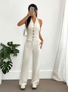 SHEIN Unity 女士两件套亚麻套装：露背纽扣前背心和阔腿裤 - 休闲夏季套装 - 杏色 - 查看 5