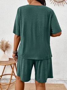 EMERY ROSE 大码女式夏季休闲宽松橄榄绿色家居短袖 T 恤和短裤两件套，适合约会、派对、上班通勤、日常穿着、圣帕特里克节 - 墨綠色 - 查看 2