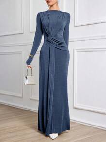 Modelyn Women's Extra-Long Modest Knitted Ruched Elegant Dress - Dusty Blue - View 4