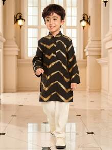 2pcs Young Boy Gold Foil Print Henley Shirt And Pants Set, Suitable For Ramadan, Gatherings And Other Occasions