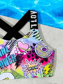 2pcs/Set Minimalist Design Criss-Cross Strap Top With LOVE Tape Colorful Printed Swimsuit, Fashionable And Distinctive, Suitable For Swimming, Vacation, Summer Wear, Essential Swimwear - Multicolor - View 3