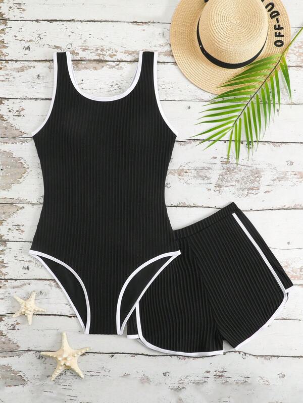 SHEIN Teen Girl Contrast Color Trim One-Piece Swimsuit