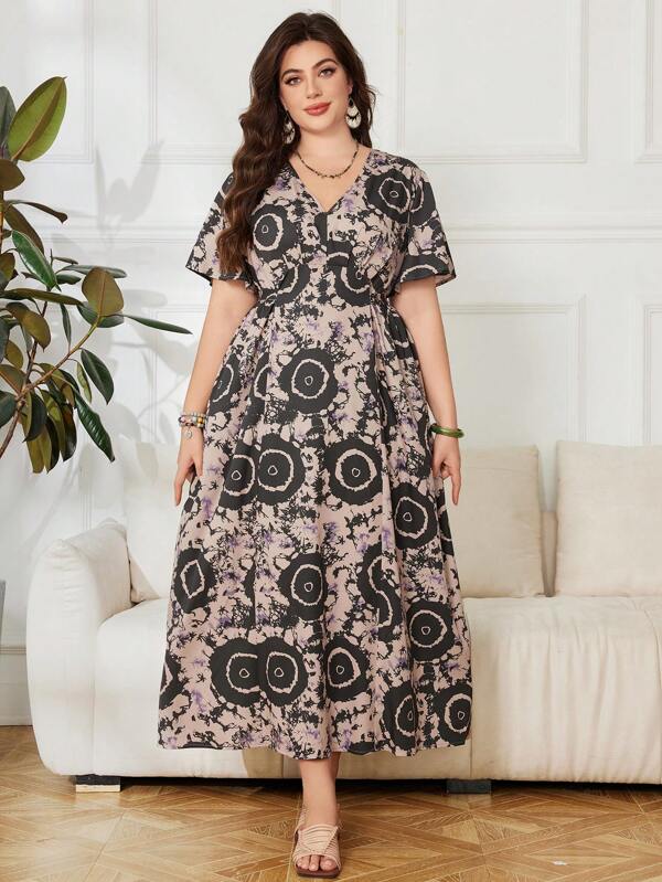 Lacomfia Plus Size Women's V-Neck Short Sleeve Arabic Style Tie-Dye Print Dress