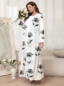 Al Najma 女士花卉印花长袖休闲阿拉伯风格长袍，端庄长袍 - 白色 - 查看 3