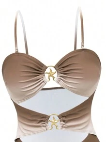 Swim Oasis 女士夏季沙滩度假性感镂空金属海星装饰可拆卸肩带抹胸泳衣和扭结前片图案罩衫裙套装 - 彩色 - 查看 3