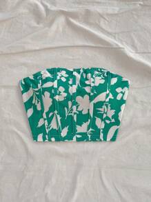 Soleia Orange Ditsy Floral Bustier Cropped Casual Vacation Top For Women - Green - View 6