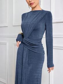 Modelyn Women's Extra-Long Modest Knitted Ruched Elegant Dress - Dusty Blue - View 1