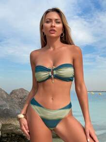 Swim Vcay Set de 3 piezas Bikini de mujer, top sin tirantes con estampado digital colorido, fresco, adecuado para playa, resort, ocio, fiesta, primavera/verano