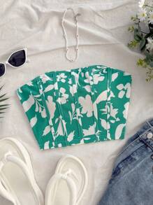 Soleia Orange Ditsy Floral Bustier Cropped Casual Vacation Top For Women - Green - View 3