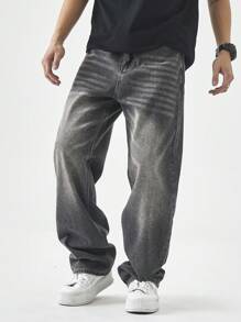 Manfinity EZcore Men's Casual Washed Loose Straight Leg Jeans - Black - View 8