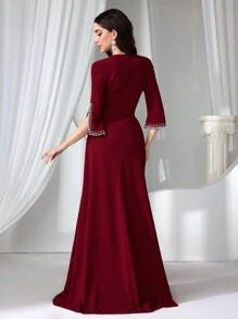 Coutiva 女士正式晚礼服、婚礼宾客礼服、串珠针织红色优雅连衣裙，适合正式活动音乐节春夏、派对礼服 - 酒紅色 - 查看 2