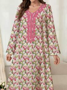 SHEIN Najma Váy Maxi họa tiết hoa thanh lịch theo phong cách Ả Rập dành cho nữ, Váy Ả Rập, Khiêm tốn - Hồng - Xem 4