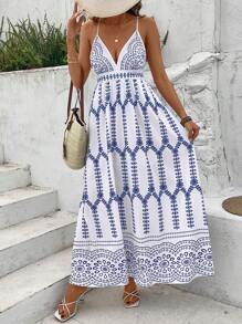 Breezaya Retro Print Plunging V-Neck Strap Vacation Dress For Women - Blue - View 1