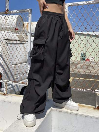Coolane Black Flap Pocket Side Drawstring Waist Parachute Cargo Pants