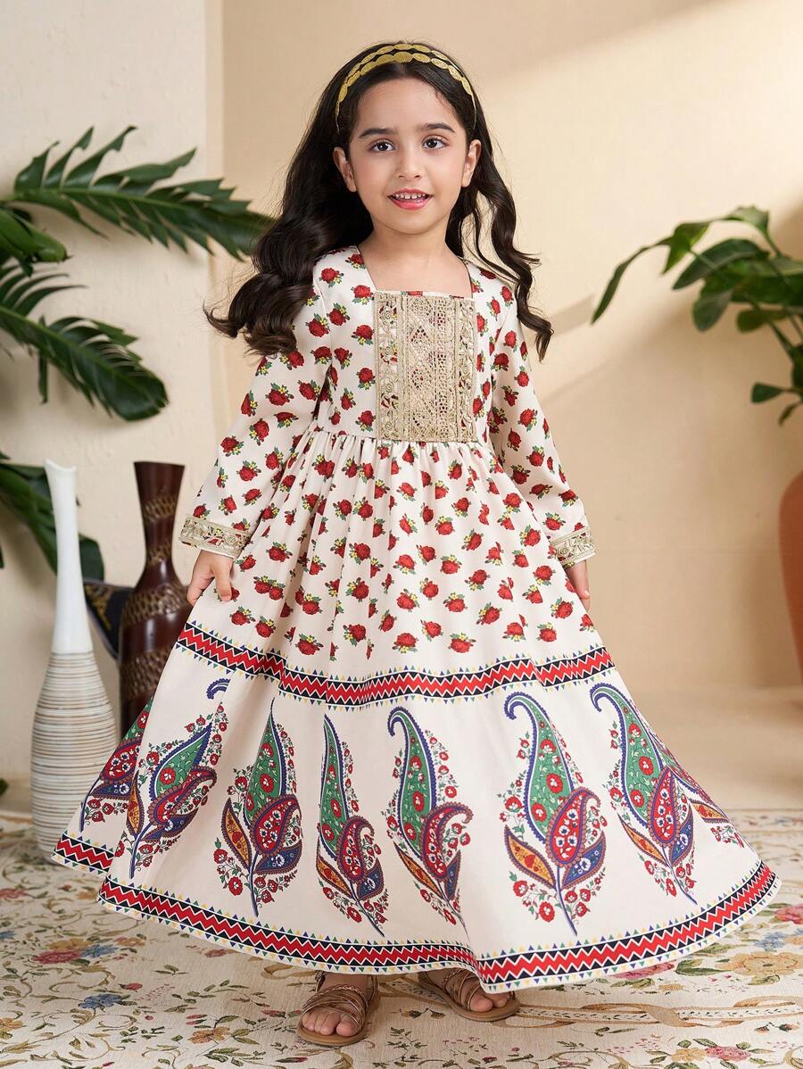 Young Girl Paisley Print Square Neck Long Sleeve Dress - Multicolor - View 1
